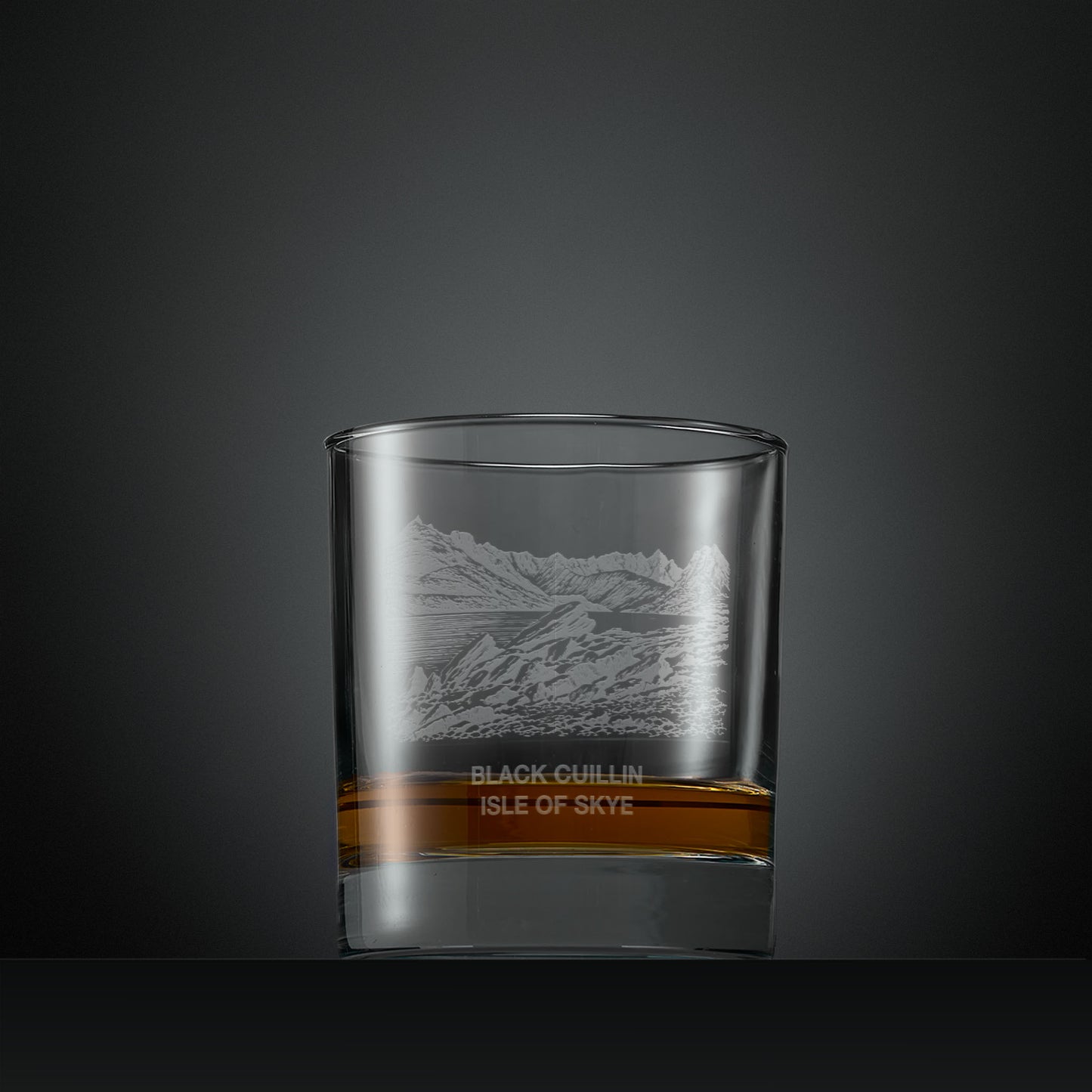 Engraved whisky glass with Black Cuillin mountain range illustration