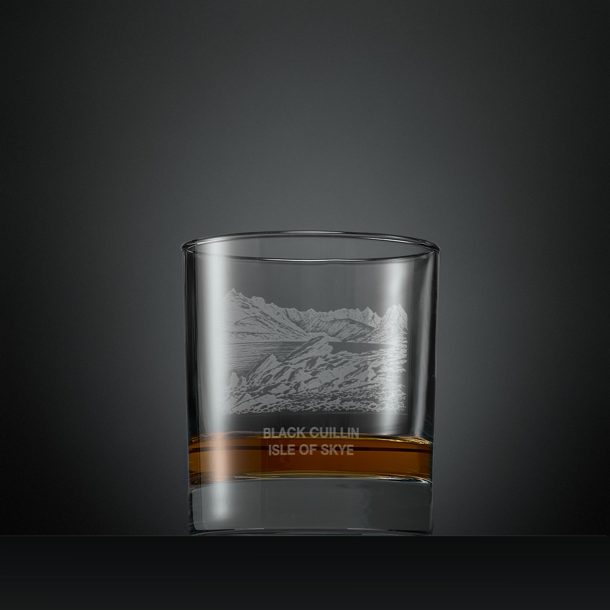 Engraved whisky glass with Black Cuillin mountain range illustration