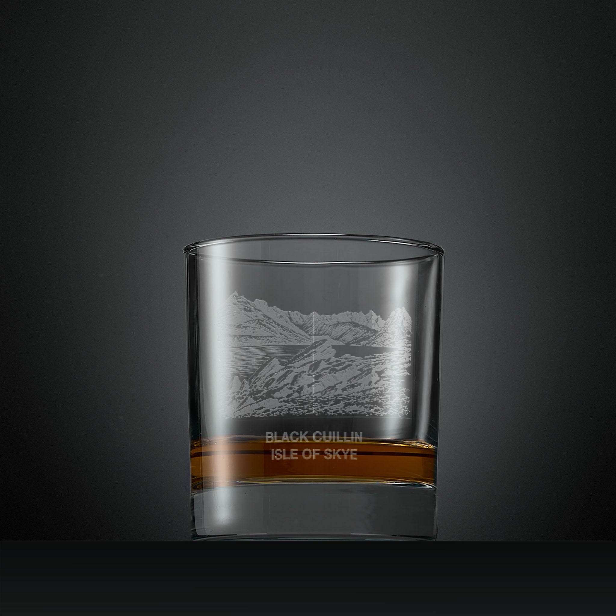 Engraved whisky glass with Black Cuillin mountain range illustration