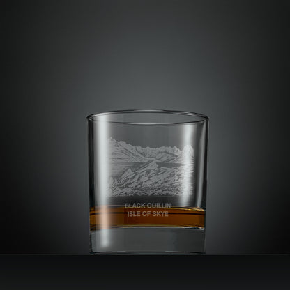 Engraved whisky glass with Black Cuillin mountain range illustration