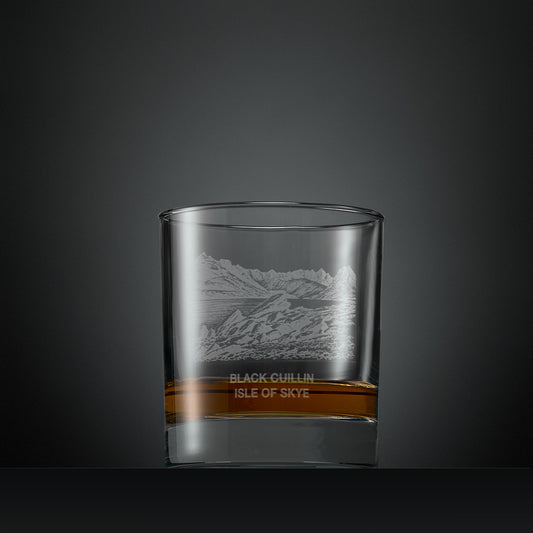 Engraved whisky glass with Black Cuillin mountain range illustration