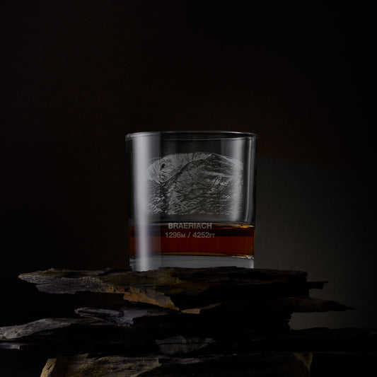 Engraved whisky glass featuring Braeriach and summit height in metres and feet