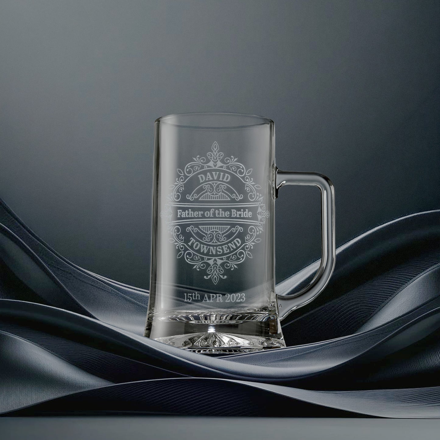 Engraved father of the bride tankard with intricate venetian lace design and  personalised with name and wedding date