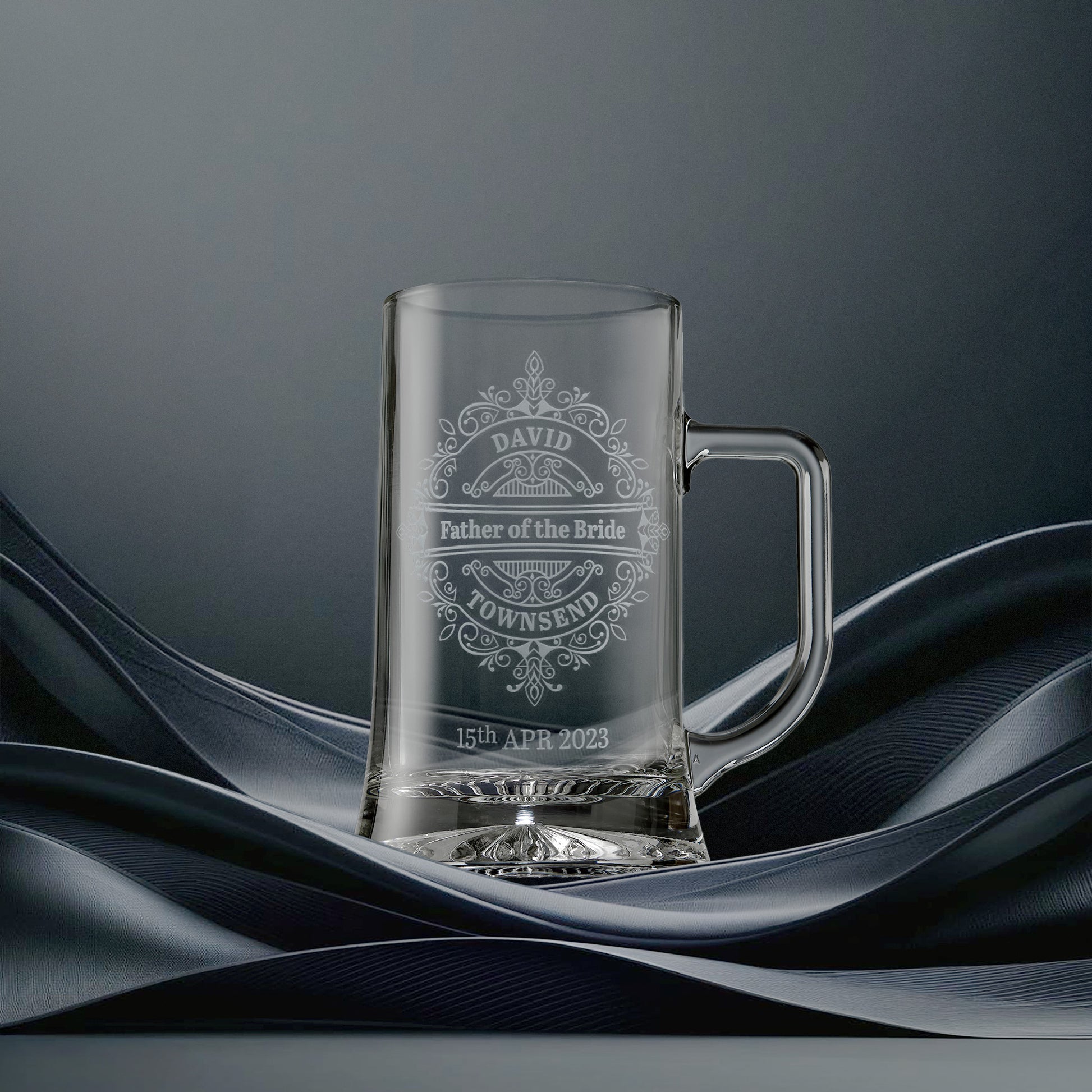 Engraved father of the bride tankard with intricate venetian lace design and  personalised with name and wedding date