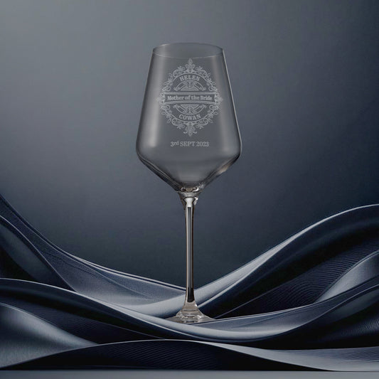 Engraved mother of the bride wine glass with intricate venetian lace design and  personalised with name and wedding date