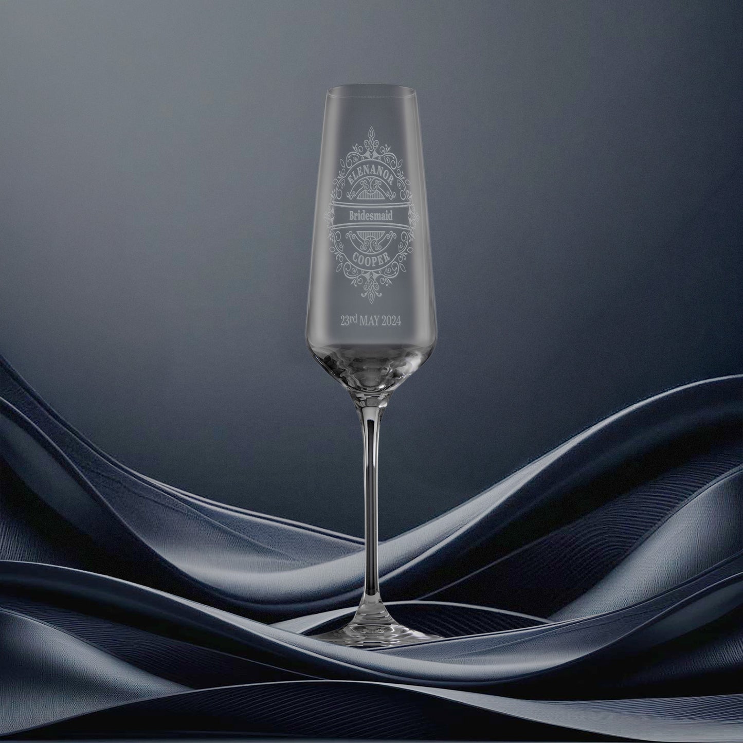 Engraved bridesmaid champagne flute with intricate venetian lace design and  personalised with name and wedding date