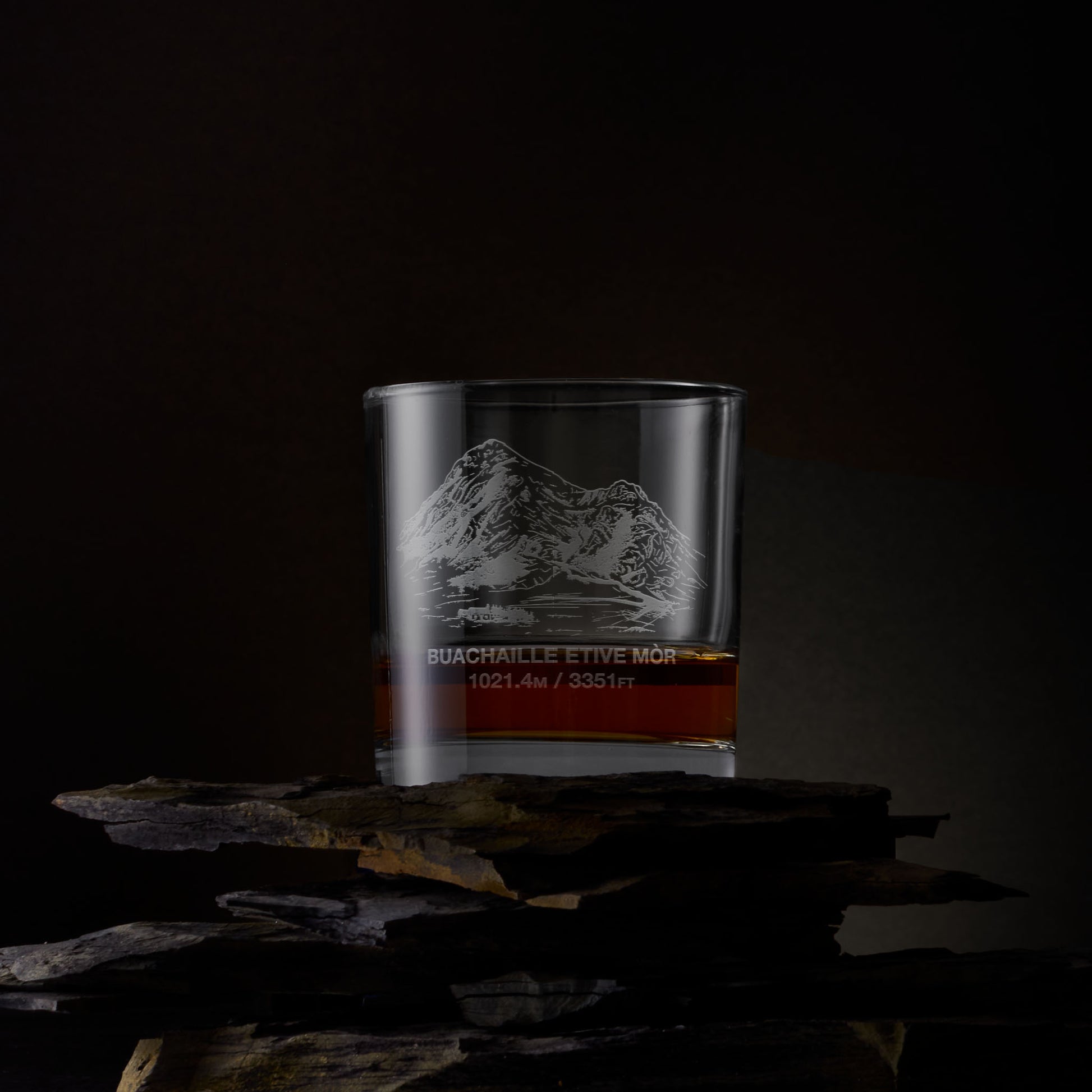 Engraved whisky glass with Buachaille Etive Mor illustration