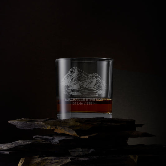 Engraved whisky glass with Buachaille Etive Mor illustration