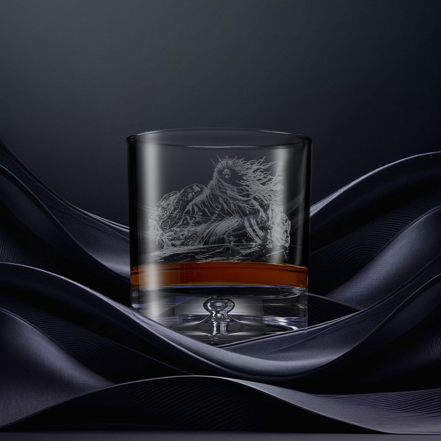 Engraved whisky glass with an  illustration of the Cailleach, queen of winter