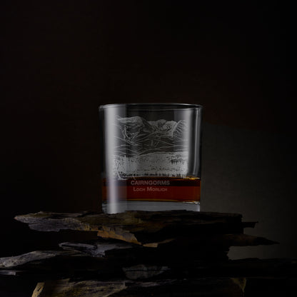 Engraved whisky glass with Cairngorm and Loch Morlich illustration