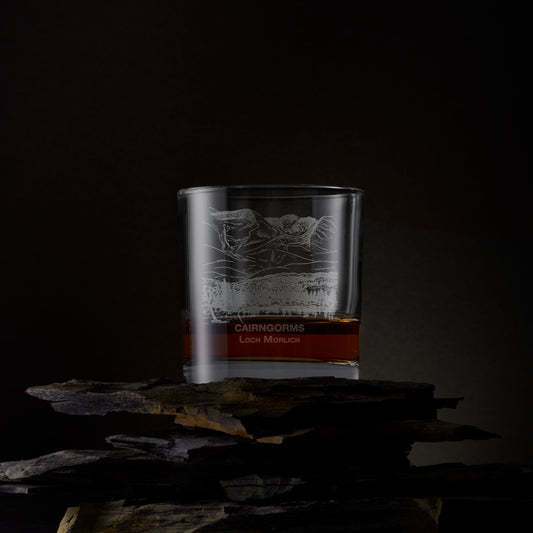 Engraved whisky glass with Cairngorm and Loch Morlich illustration