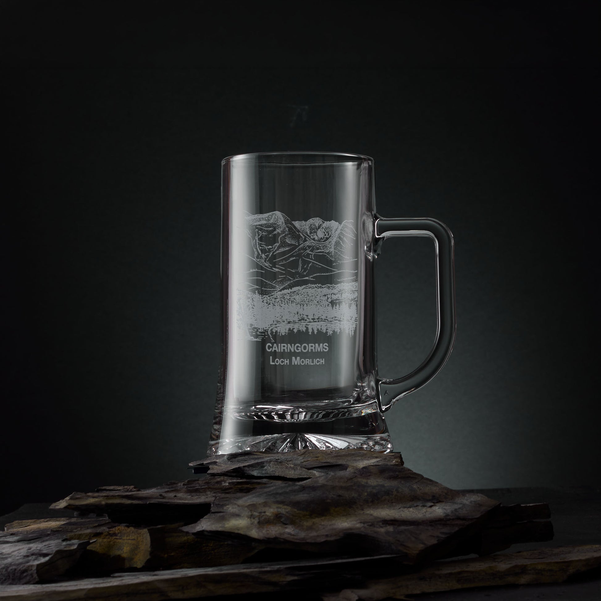Engraved tankard with Cairngorms and Loch Morlich illustration