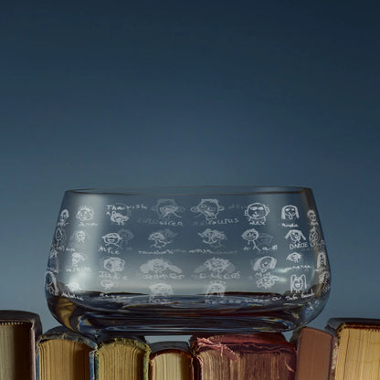 Presentation bowl engraved with a classroom of hand drawn children's portraits and names