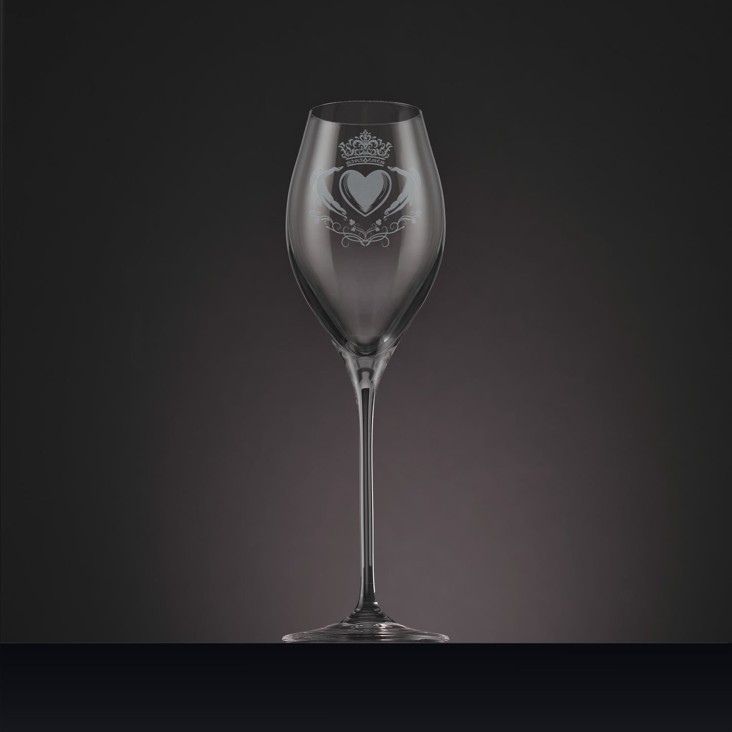 Engraved prosecco glass with Claddagh and shamrock design