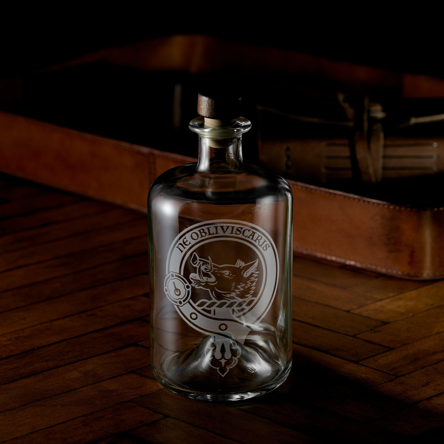 Engraved apothecary style decanter with Scottish clan crest and belt and buckle design