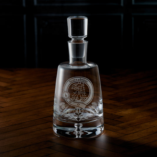 Engraved handmade decanter with Scottish clan crest, belt and buckle design with thistles underneath