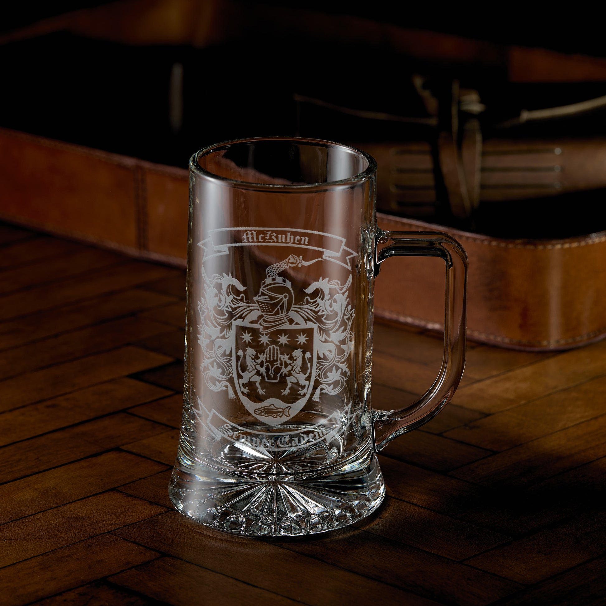 Engraved glass tankard with coat of arms and family motto design