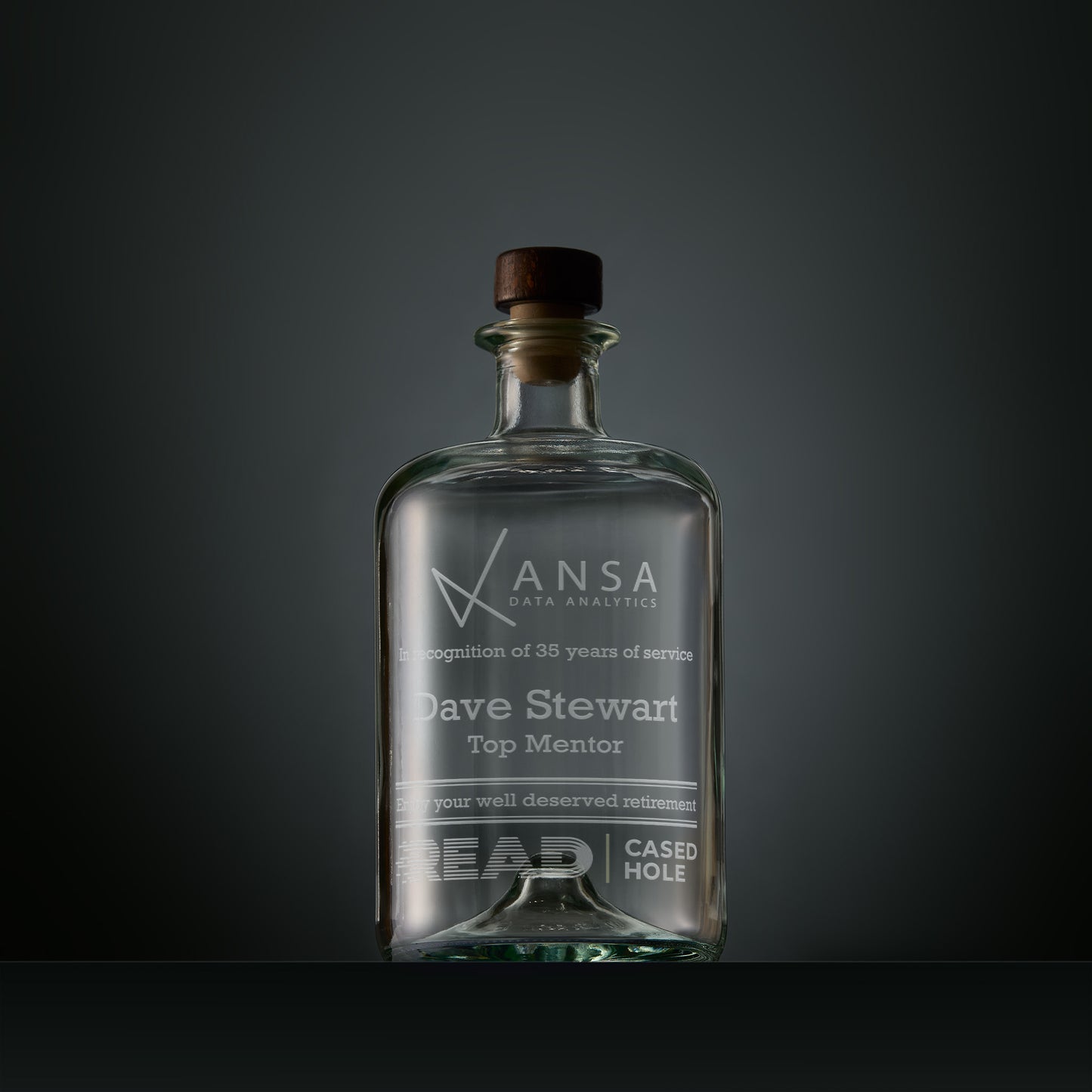 Engraved  apothecary decanter bottle with corporate logo and personalised text