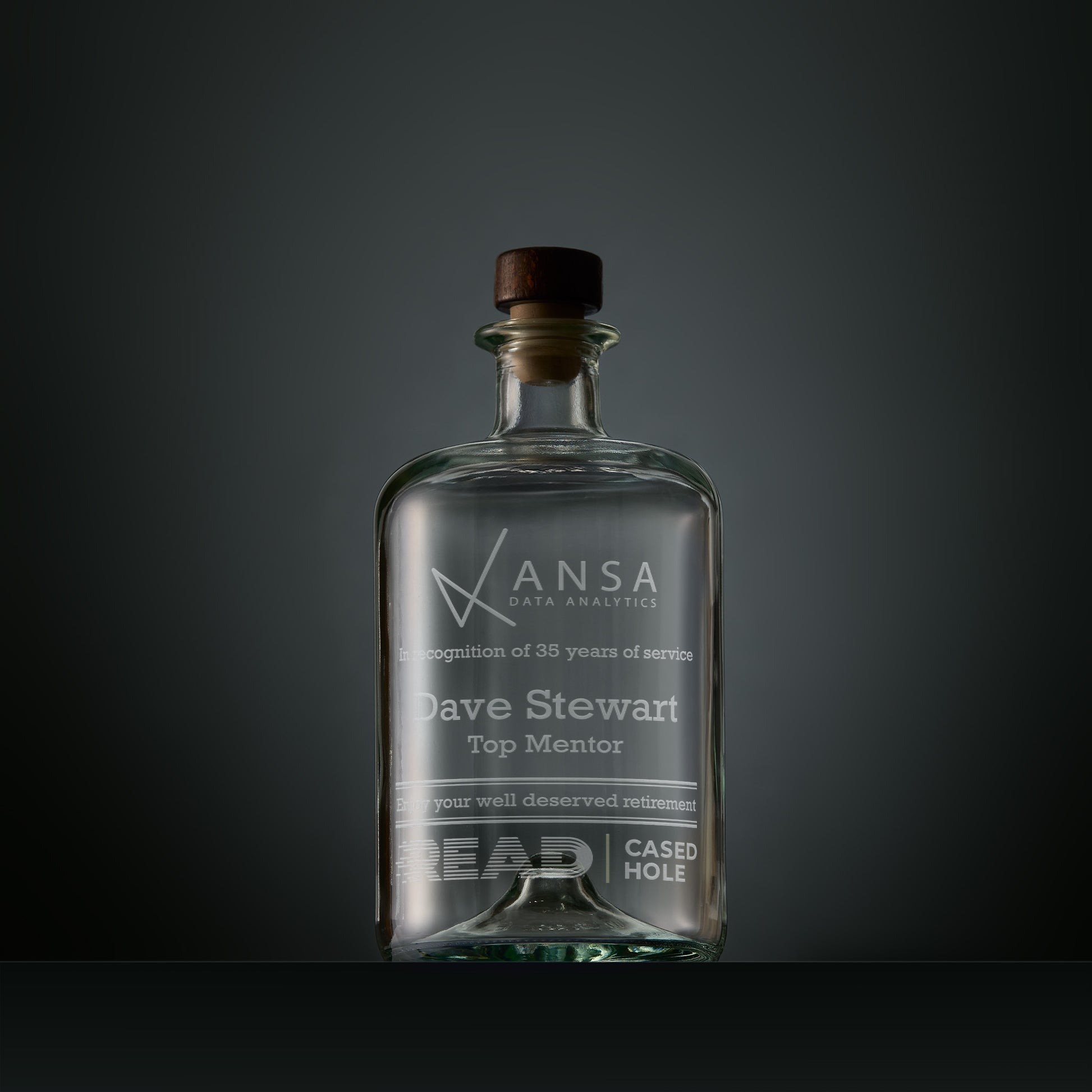Engraved  apothecary decanter bottle with corporate logo and personalised text