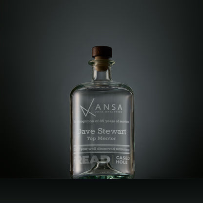 Engraved  apothecary decanter bottle with corporate logo and personalised text