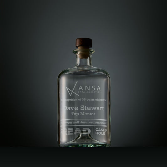 Engraved  apothecary decanter bottle with corporate logo and personalised text