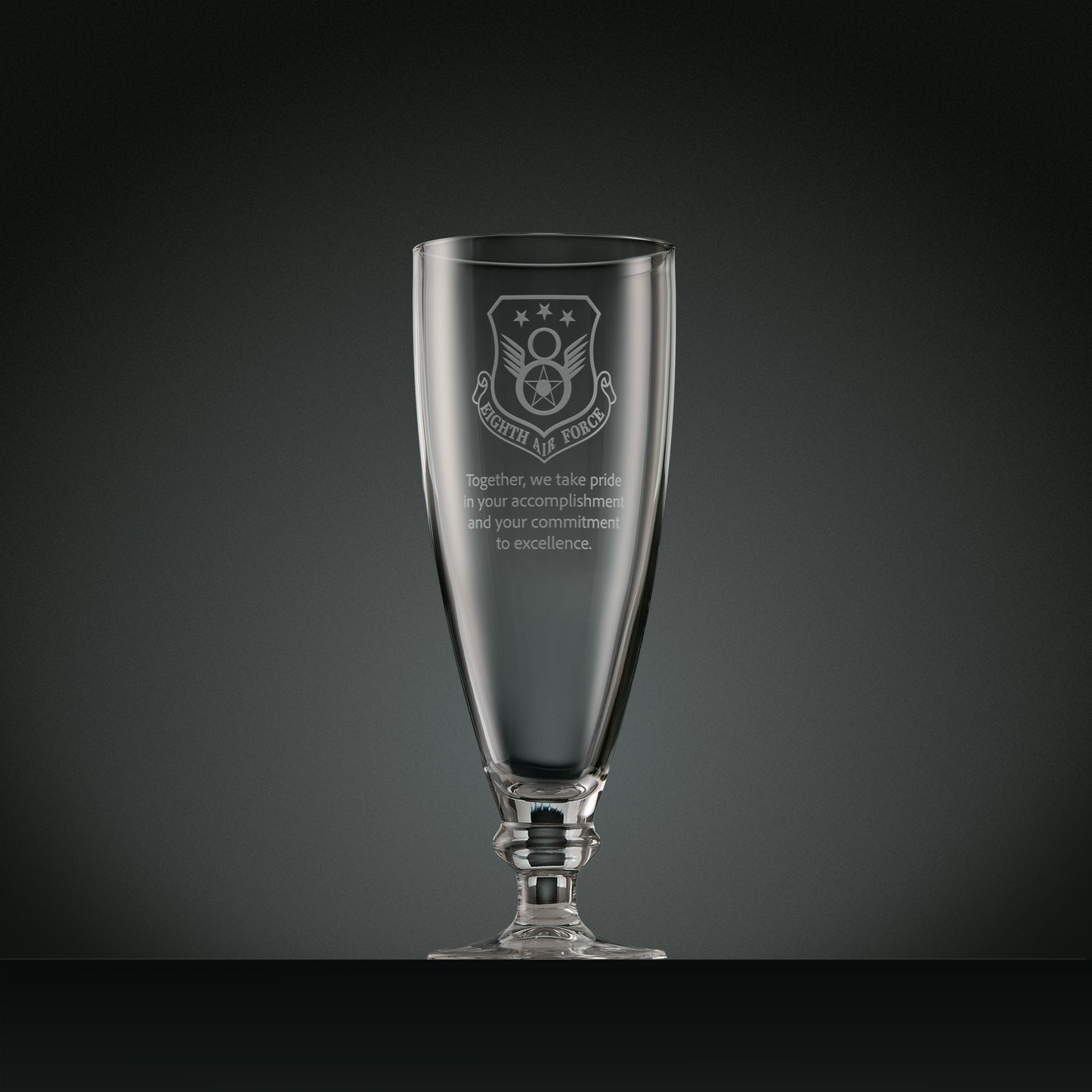 Engraved stemmed beer glass with corporate logo and personalised text
