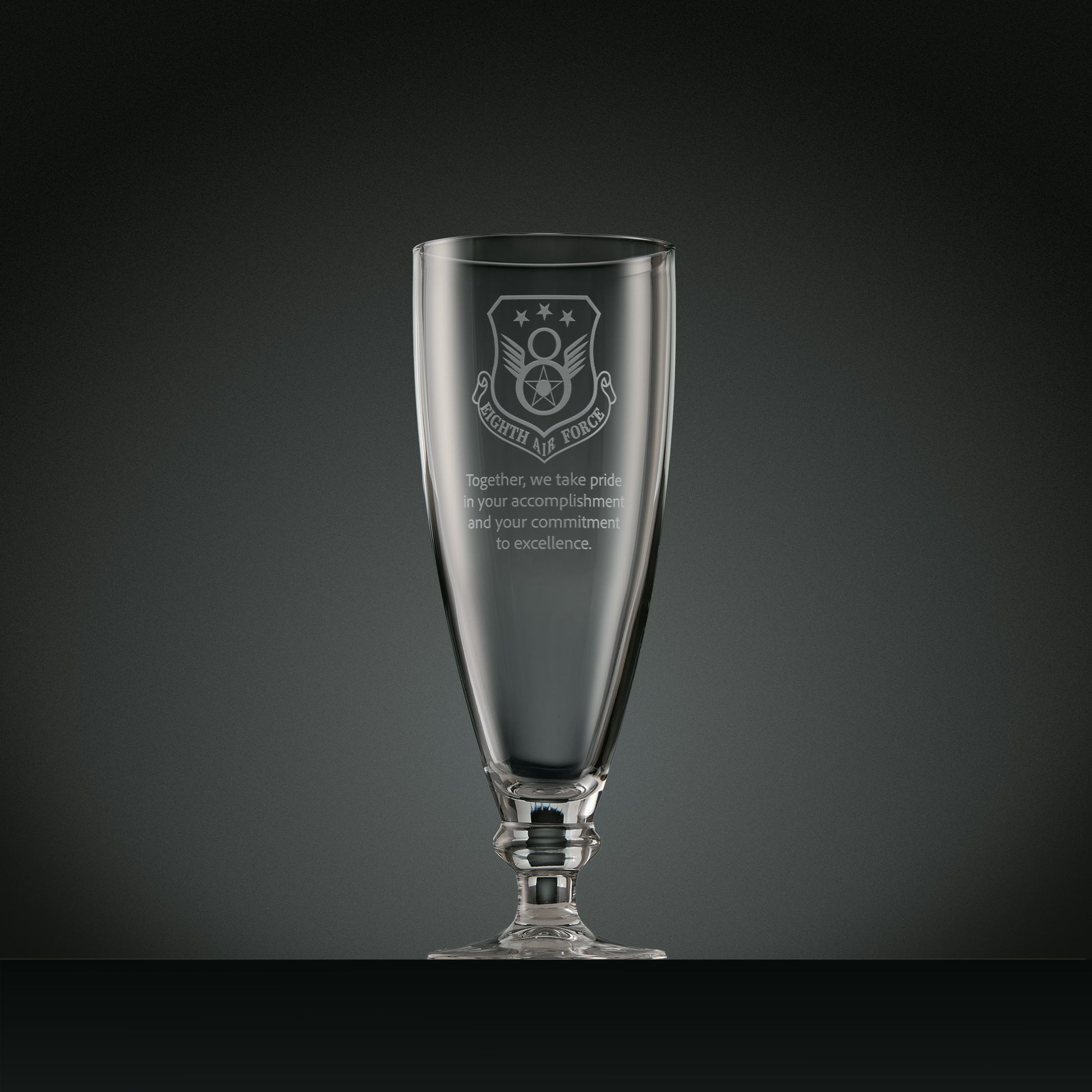 Engraved stemmed beer glass with corporate logo and personalised text