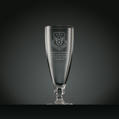 Engraved stemmed beer glass with corporate logo and personalised text