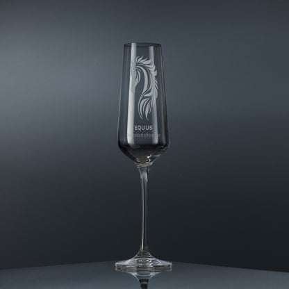 Bespoke champagne flute engraved with corporate logo and personalised text