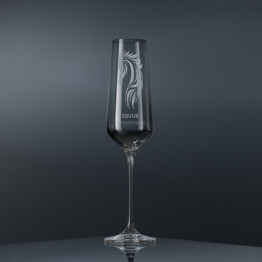 Bespoke champagne flute engraved with corporate logo and personalised text