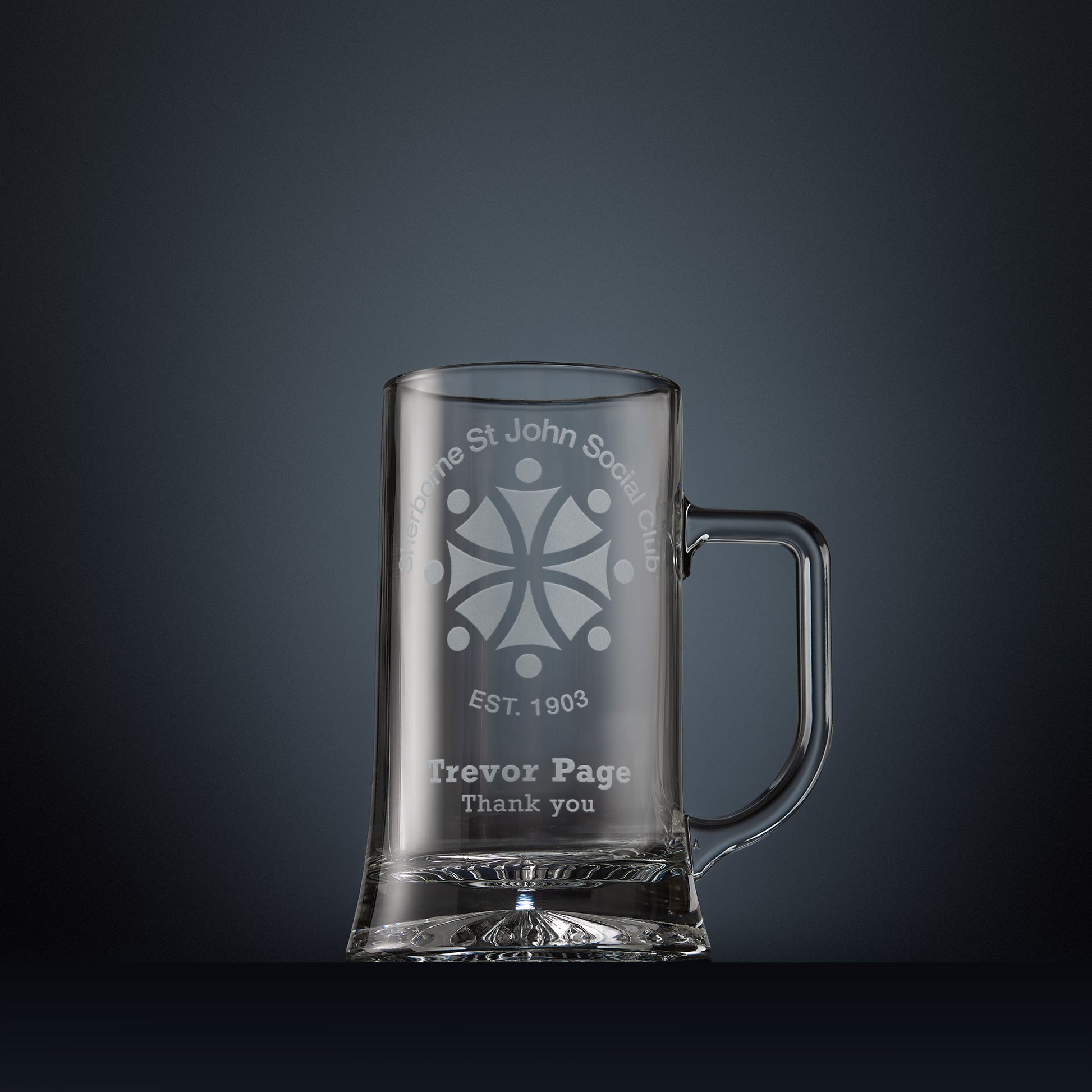 Engraved glass tankard with corporate branding, logo, name and personalised message