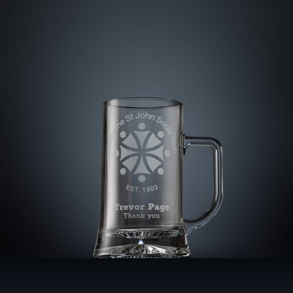 Engraved glass tankard with corporate branding, logo, name and personalised message