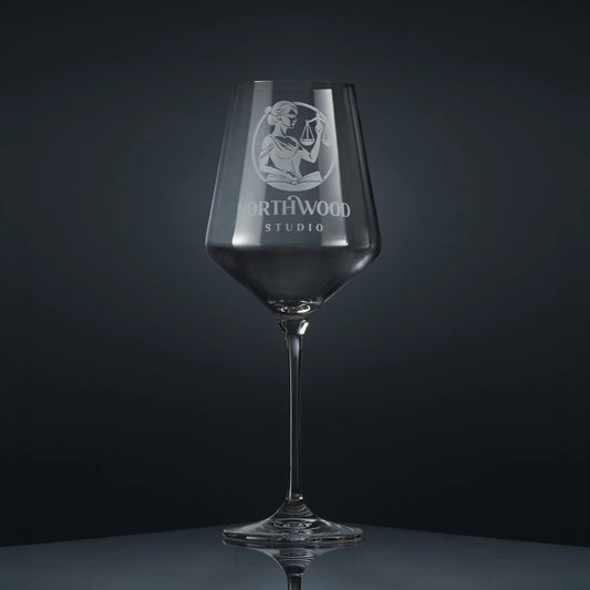 Bespoke engraved wine glass featuring a corporate branded logo and personalised text