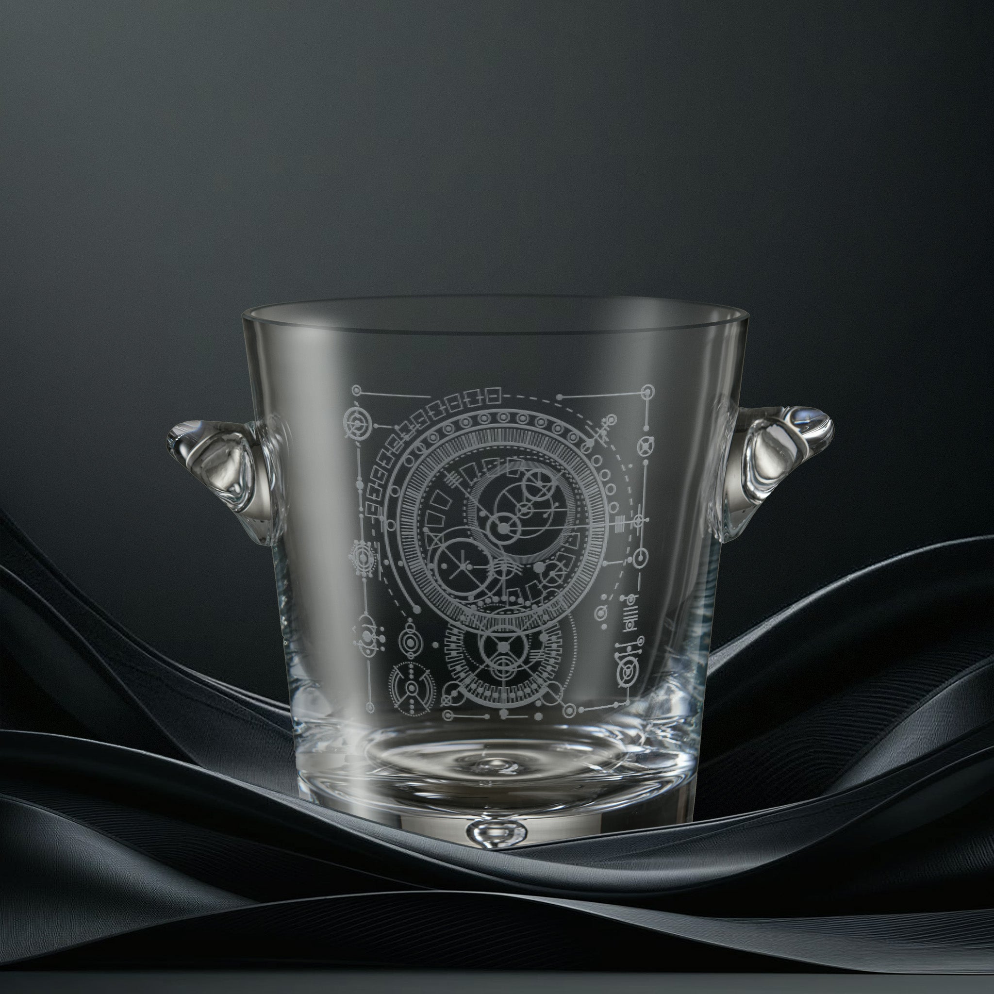 Engraved champagne ice bucket with an  illustration of a corporate logo