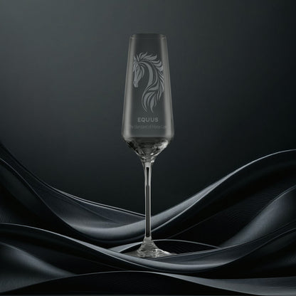 Engraved champagne flute with corporate logo and personalised text