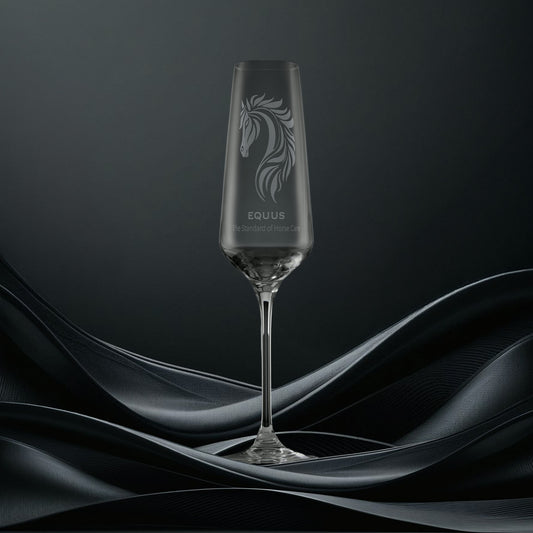 Engraved champagne flute with corporate logo and personalised text