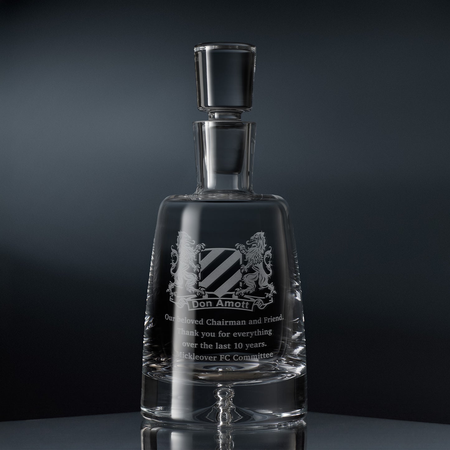 Handmade crystal decanter with bespoke engraved corporate logo and personalised inscription