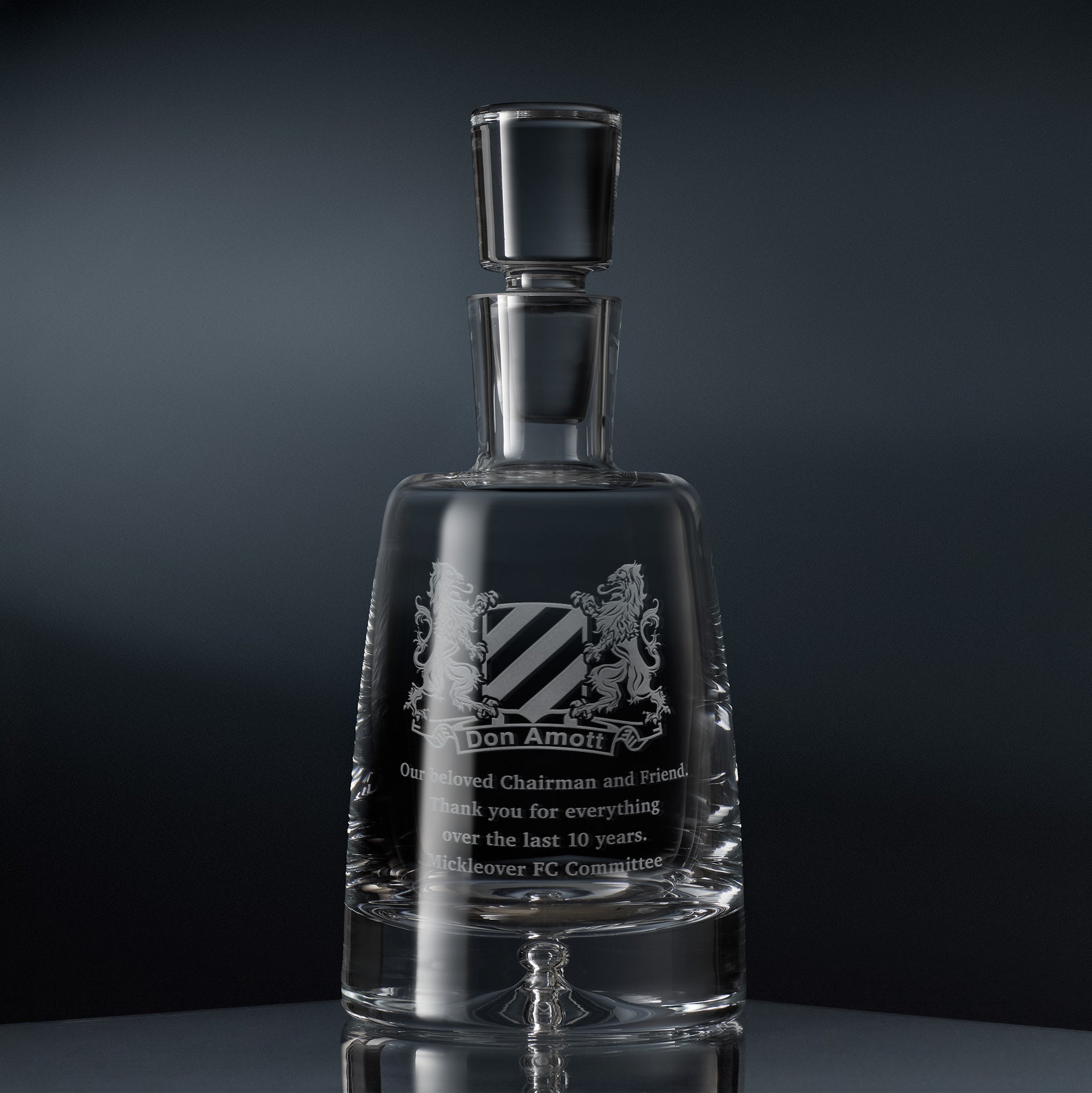 Handmade crystal decanter with bespoke engraved corporate logo and personalised inscription