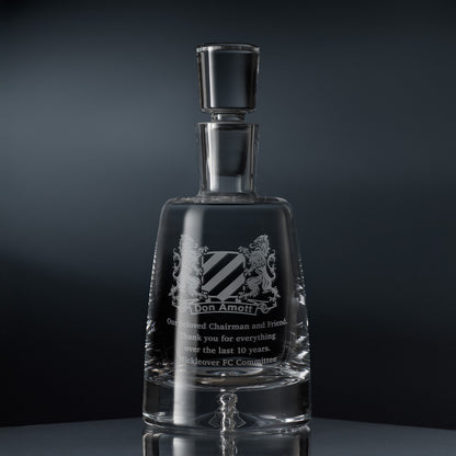 Handmade crystal decanter with bespoke engraved corporate logo and personalised inscription