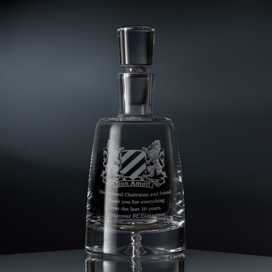 Handmade crystal decanter with bespoke engraved corporate logo and personalised inscription