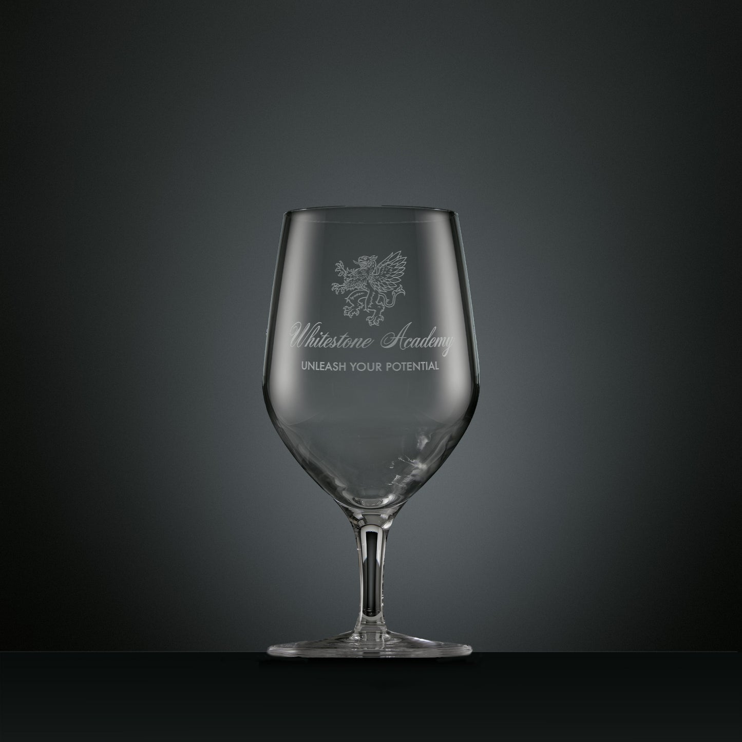 Engraved mineral water glass with corporate logo and personalised text