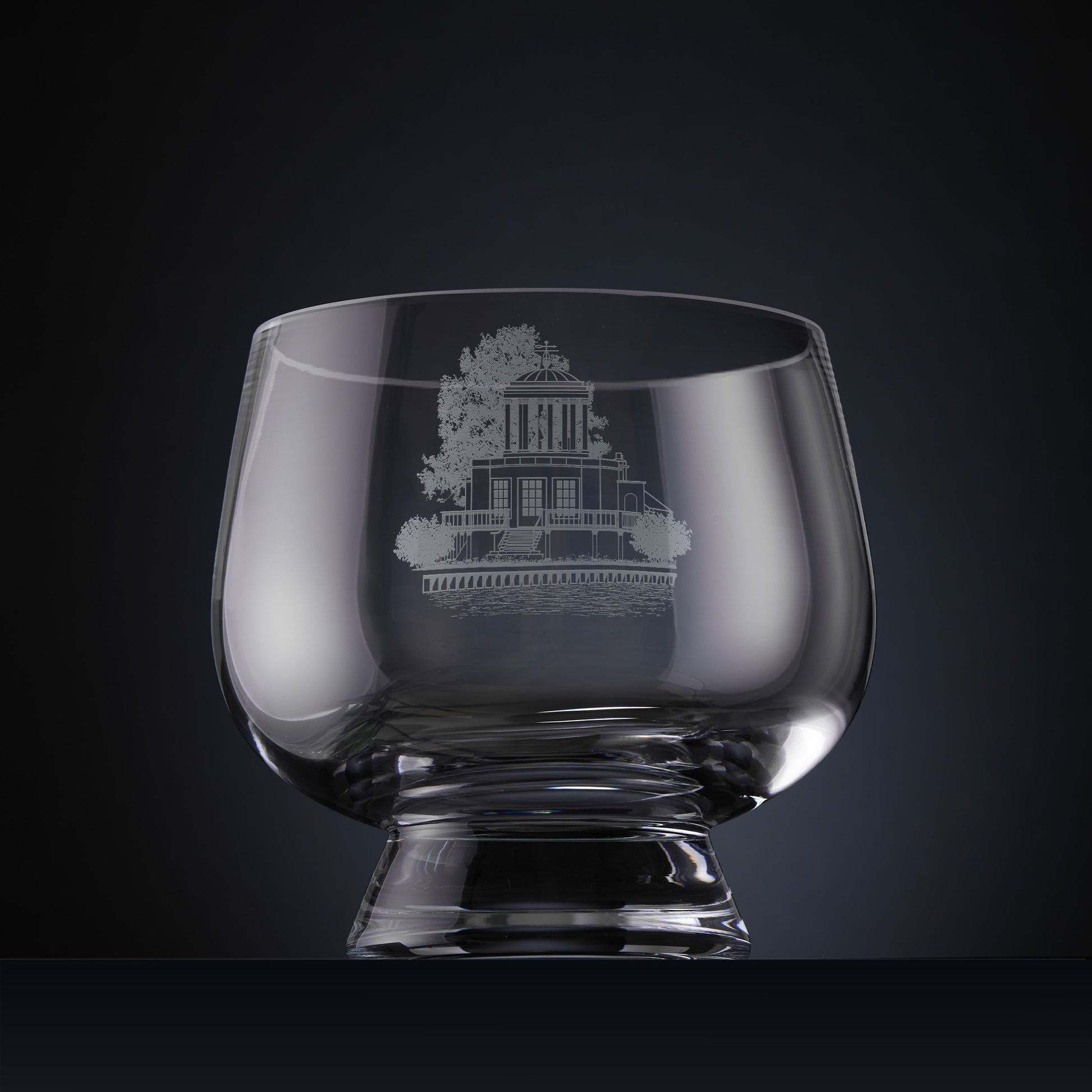 Engraved presentation bowl with corporate building illustration