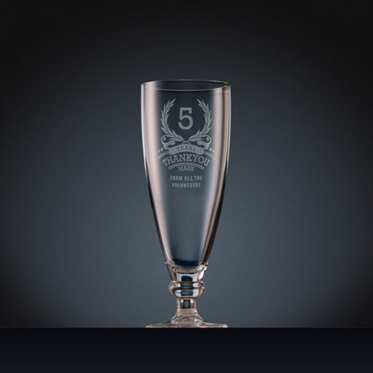 Engraved stemmed beer glass with laurel wreath anniversary design and personal message