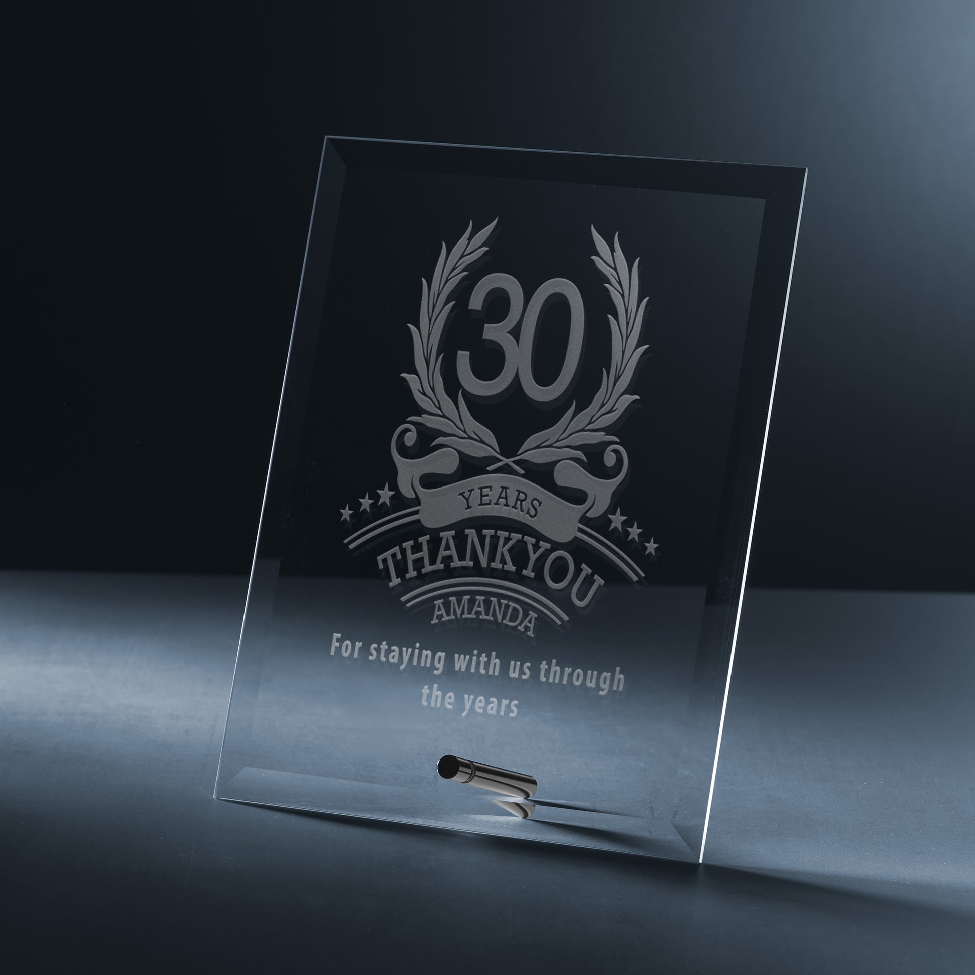 Engraved glass display plaque with laurel wreath anniversary design and personal message