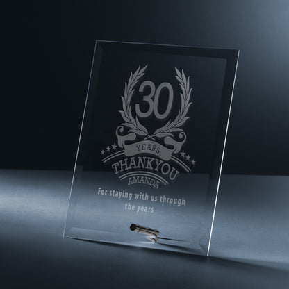 Engraved glass display plaque with laurel wreath anniversary design and personal message