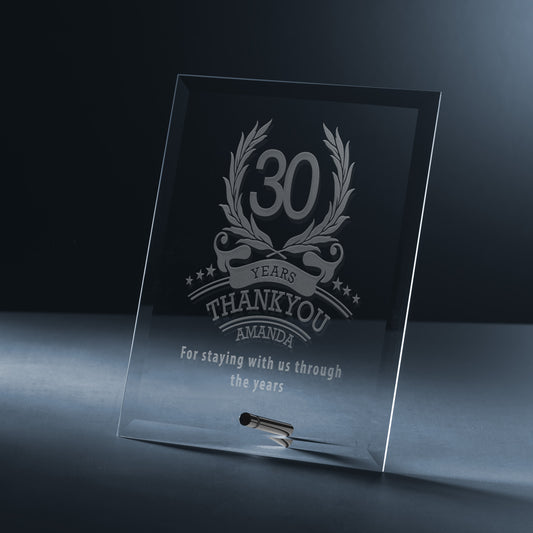 Engraved glass display plaque with laurel wreath anniversary design and personal message