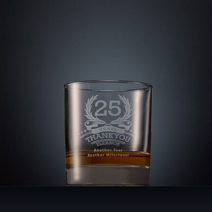 Engraved whisky glass with laurel wreath anniversary design and personal message