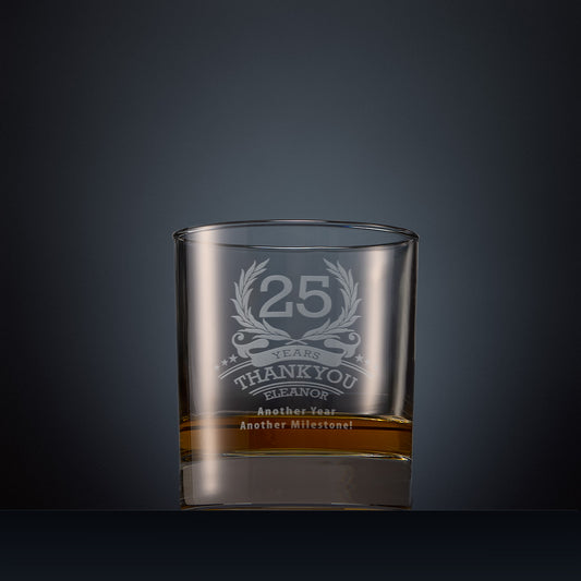 Engraved whisky glass with laurel wreath anniversary design and personal message