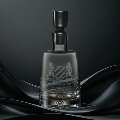 Handmade glass spirit decanter with engraved corporate logo design and personalised inscription