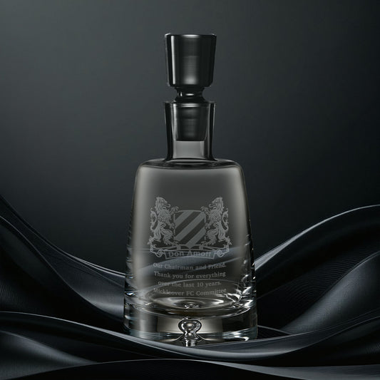 Handmade glass spirit decanter with engraved corporate logo design and personalised inscription